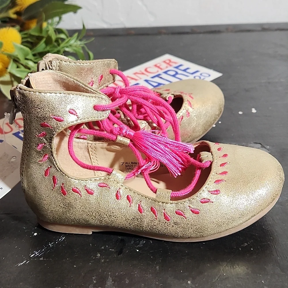 GENUINE KIDS Oshkosh B'gosh Gold Pink Tassle Tie Heel Zipper Shoe 7